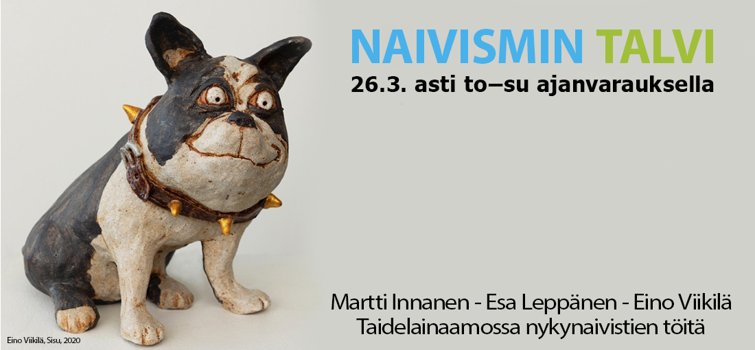 Naivismin talvi 20-21 -nettibanneri, kuvassa taiteilija Eino Viikilän koirahahmo Sisu, korkeapolttoista keramiikkaa.